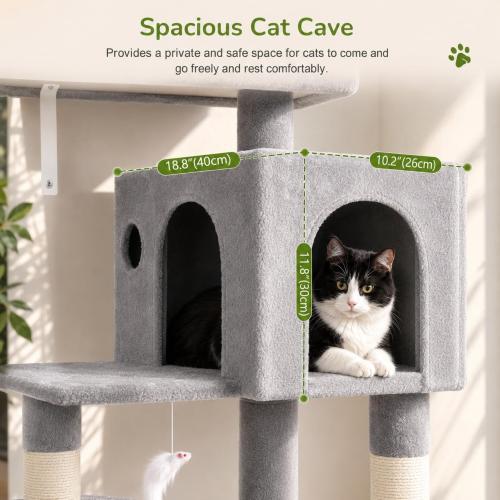 Globlazer Cat Tree Tower with Scratching Post for Indoor Cats, 53inch Tall Plush Multi-Level Cat Climbing Tower Condo House with Large Hammock, Spacious Cat Cave, Padded Top Perch Bed, F53, Light Gray