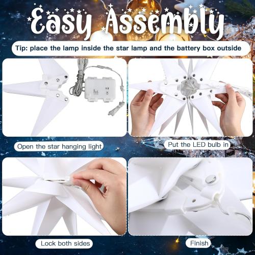 Kingdder 3 Pieces Moravian Star Light LED 3D Star Hanging Light Powered by Battery with Timer Function White Porch Lantern Holiday Decor for Indoor Outdoor Christmas Tree Balcony Courtyard (14 Inch)