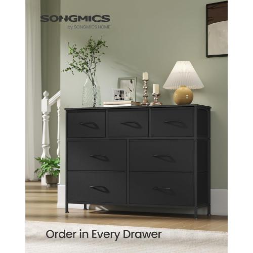 7 Drawer Closet Organizer Chest, Fabric Storage Tower with Sturdy Steel Frame, Wooden Top & Easy Pull Fabric Bins, Dresser for Bedroom Living Room Entryway Clothes Organization, Black