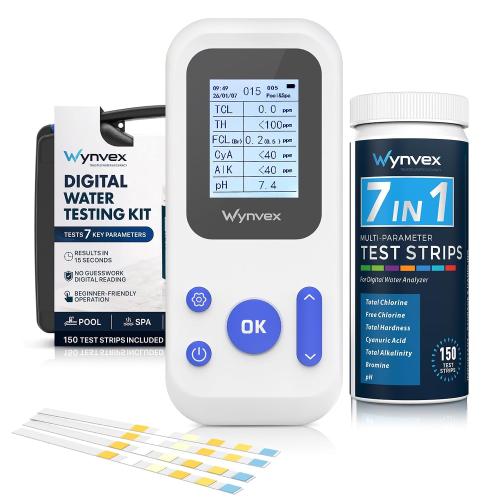 Digital Pool Water Test Kit with Digital Reader, Wynvex 7-in-1 Water Testing for Chlorine, Bromine, pH, Alkalinity & More, Includes 150 Test Strips for Pools