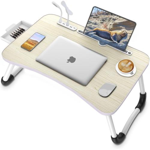 Zapuno Laptop Lap Desk, Foldable Laptop Table Tray with 4 USB Ports Storage Drawer and Cup Holder, Lap Bed Desk Notebook Stand Laptray Portable Standing Table for Bed Couch Floor