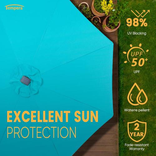 Tempera Teal Solar Patio Umbrella 40 LED Lighted Outdoor Umbrella Table Market Umbrella with Push Button Tilt and Crank, Solar Umbrella with Sturdy Pole&Fade Resistant Canopy, Easy to Set