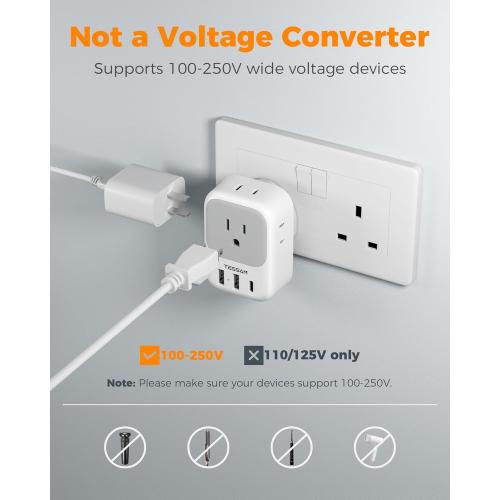 UK Adapters for Travel 2 Pack, TESSAN Type G US to UK Plug Adapter with 4 Outlets 3 USB Charger(1 USB C Port), Power Adaptor for USA to Ireland Scotland Dubai Hong Kong England British Kenya London