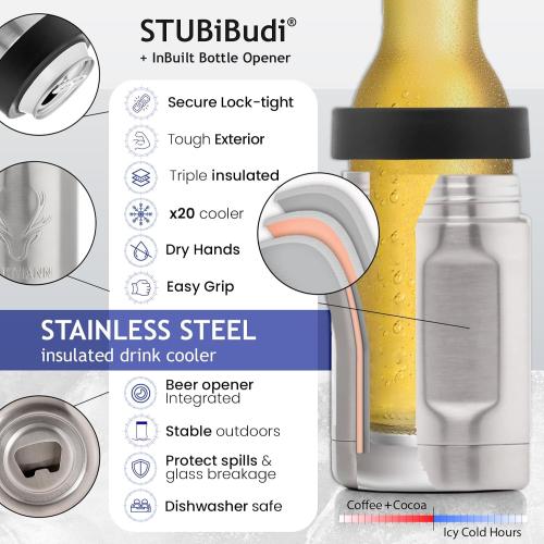 Stainless Steel Beer Cooler With Bottle Opener, Vacuum Insulated Can Cooler 12 oz for Bottles Cans, 4-in-1 Universal Insulator Coozy for Bottles Cans, Beer Gifts for Men (Steel)