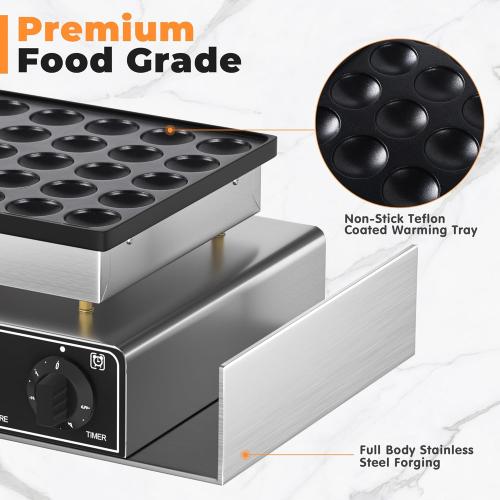 Size 25 Mini Pancake Maker, 25 Hole Mini Pancake Griddle, Commercial Non-Stick Dutch Pancake Maker with Temperature and Time Control for Breakfast, Desserts, Snacks and More