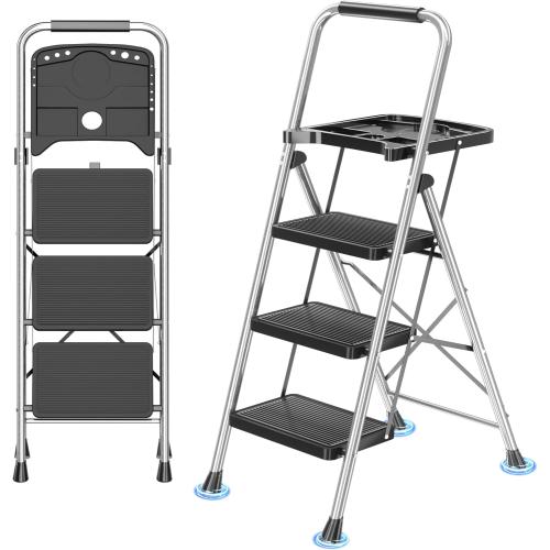 3 Step Ladder, Folding Step Stool with Tool Platform, Wide Anti-Slip Pedal and Anti-Slip Feet, Sturdiest Steel Construction, 600lbs Capacity Steel Ladder for Home Office, Grey