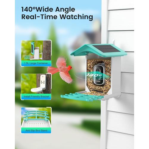 Color Blue Smart Bird Feeder Camera (Dual Panel), Solar Powered, Identify 11,000  Birds with AI, Auto Capture & Notify, 2K HD Footage, Outdoor Bird Watching, Ideal Gift for Birds Lovers.