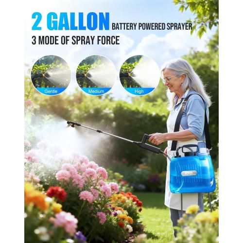 Battery Powered Sprayer 2 Gallon, Electric Weed Sprayer with 3 Adjustable Pressure Levels, 4 Nozzles & Extendable Wand, Rechargeable Garden Sprayer for Yard, Lawn, Plants & Fertilizer