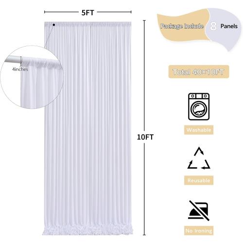 40 ft x 10 ft Wrinkle Free White Backdrop Curtain for Wedding Parties, Polyester Photo Backdrop Drapes for Baby Shower Birthday Party Backdrop Stand, Bulk Thick Background Curtains, 5x10FT 8 Panels