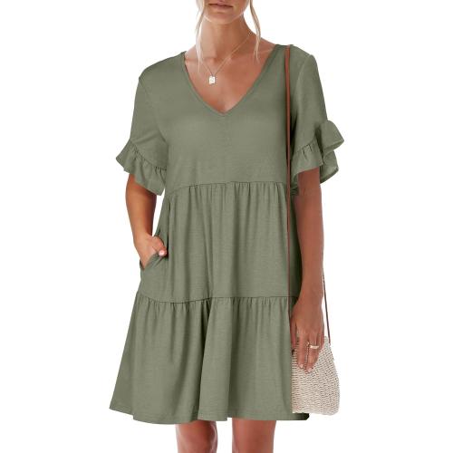 Size L ANRABESS Dresses for Women Summer 2025 V Neck Ruffle Sleeve A Line Tiered Flowy Casual Trendy Mini Beach Dress with Pockets