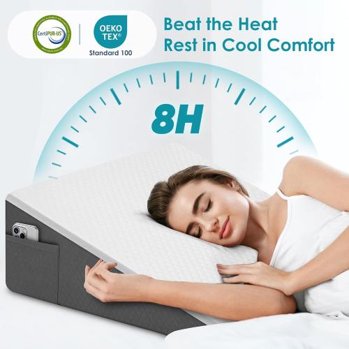 Sleeping Bed Wedge Pillow for Adults Seniors, 10 inch Cooling Memory Foam Incline Pillow Wedge for Head, Neck & Back Support and Leg Elevation, Removable Washable Cover, White