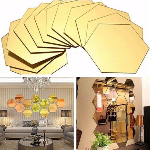 Mirror Wall Stickers - 12PCS Hexagon Art DIY Decorative Acrylic Sheet Plastic Tiles Home Living Room Bedroom Sofa TV Background Decal Decoration