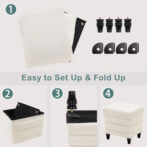 CAROLMADE Folding Storage Ottoman Cube Sherpa Footstool with Wood Legs Ottoman Footrest for Living Room and Bedroom, White 15x12.6x15.4