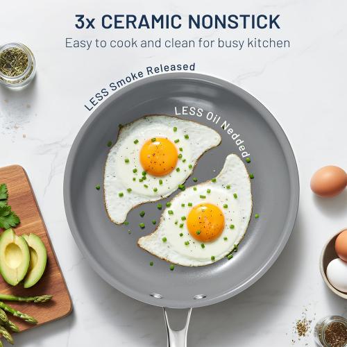 Kikcoin Non Stick Frying Pans, 3 Pack Ceramic Frying Pan for Cooking, 8 9.5 11 Inch Omelette Pans Set with Stay Cool Handle, Induction Ready, Free of PFAS PFOA PTFE, Oven/Dishwasher Safe