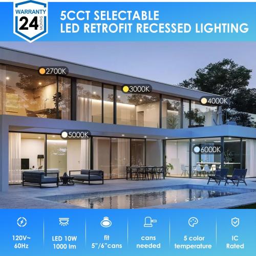 ANWIO Recessed Lighting 6 Inch, 5CCT Flat Retrofit LED Recessed Lights Can Needs, 2700/3000/4000/5000/6000K Selectable Can Lights 10W(120W Equivalent) CRI 80  Dimmable E26 Base IC Rated & ETL 8 Pack