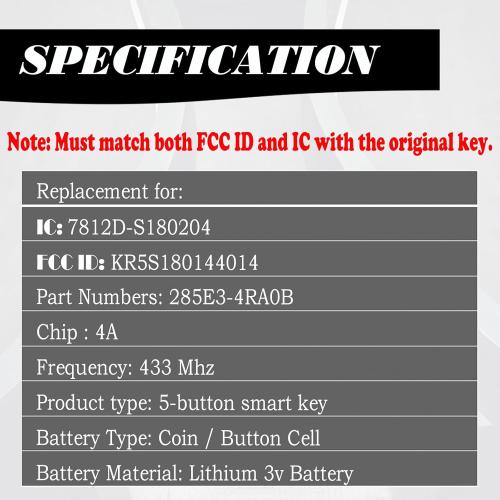 MechanMagic Remote Key Fob Replacement Fits for Nissan Altima Maxima 2016-2018 Push Start Button Keyless Entry Remote Control KR5S180144014 S180144310 5 Buttons
