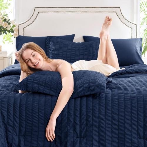 CozyLux Queen Comforter Set **Navy Blue** Seersucker 7 Pieces Bed in a Bag Queen Comforter Set with Sheets Luxury Soft Bedding Set with Down Alternative Comforter, Sheets, Pillowcases & Shams All Seasons