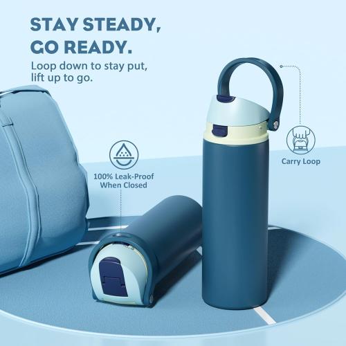 POWCAN 24 oz Insulated Stainless Steel Water Bottle: 2-in-1 Push-Button Spout & Quick-Flip Straw, Leakproof, Cold 24 Hrs, Fits Car Cupholder, Reusable Metal Bottle for Sports, School Gift (Denim Blue)