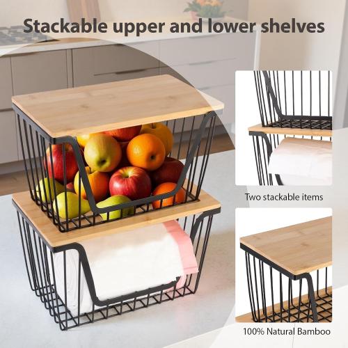 2 Pack Storage Stackable with Bamboo Top for Kitchen Laundry Room Organizers, Large Trash Bag Holder and Garbage Bag Dispenser