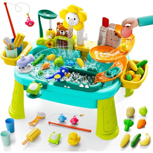 Blue 4-in-1 Kids Play Sink with Running Water, Mini Water Table with Detachable Legs, Upgraded Faucet and Dishes, Children Electric Dishwasher Toy, Kitchen Sensory Set (Blue)