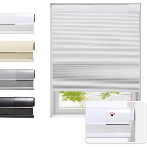 WHITE No Drill Cellular Shades for Indoor Windows, Thermal Insulating & Noise Reducing Honeycomb Blinds, Free Stop Cordless Blackout Shades, White, 25 1/2 W x 64 H