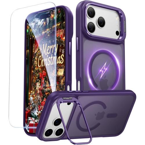 for iPhone 17 Pro Max Case with Stash Lens Stand and 9H Screen Protector, Compatible with MagSafe, Military-Grade Drop Protection Phone Case for iPhone 17 Pro Max, 360° Full Protection, Purple