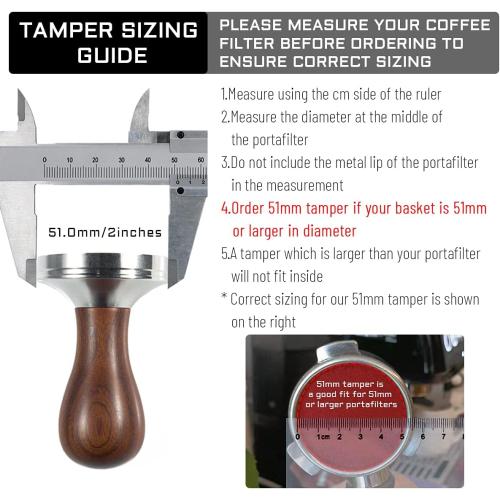 Coffee Tamper Espresso Press with Tamper Mat 304 Stainless Steel Flat Base Wooden Handle for Coffee Grounds Barista Espresso Machines Accessory (51MM)