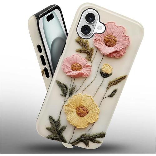 Case for iPhone 16 Case,Faux Embroidery Boho Floral Design - Hybrid Dual Protection Silicone   Hard PC Shockproof Full Body Cover Slim Anti-Scratch Protective Case for Men Women