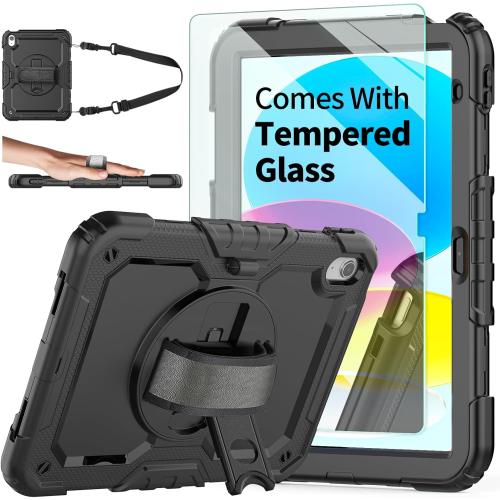 Ambison Case for iPad (A16) 11th/10th Generation 11''/10.9'' 2025/2022, [Kid Proof] Full Body Protective Case with 9H Tempered Glass Screen Protector, 360° Rotatable Kickstand & Hand Strap (Black)