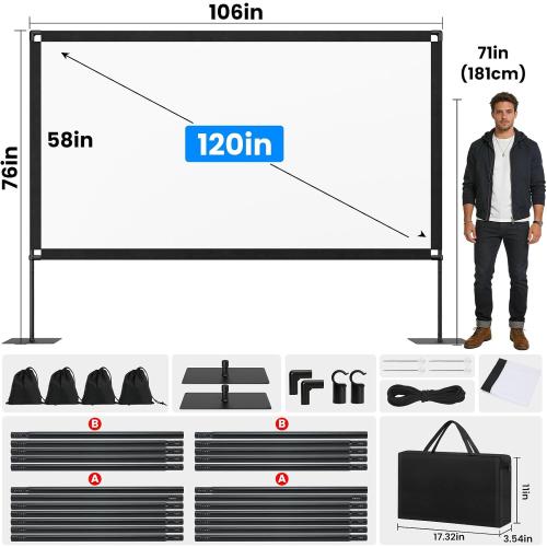 120inch Projector Screen with Stand: Portable Projector Screen Outdoor Indoor Front/Rear16:9 4K HD with Carry Bag Sandbag- Movie Screen for Backyard Moive Night, Camping, Theater