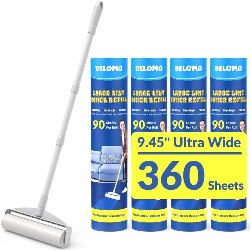 Large Lint Rollers for Carpet, Sticky Rollers for Floor DELOMO 9.45 in with 3 Extendable Handle, Long Handle Sticky Mop for Cleaning Carpets, Cars, Clothing, and Pet Hair