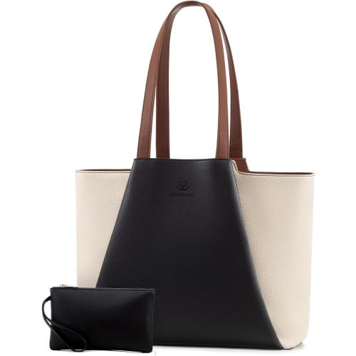 LOVEVOOK Laptop Tote for Women - 15.6 Inch Faux Leather Laptop Bag with Clutch, Large Capacity Office Purse Computer Briefcase for Casual Business Travel, Beige & Black