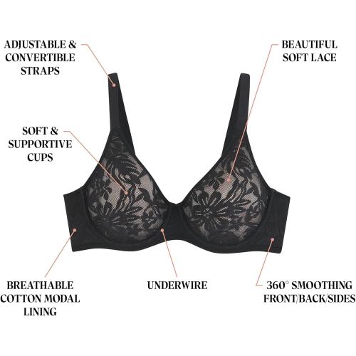 Womens Breathe Underwire Bra, Cotton Modal Lightly Lined Bra, Full Coverage, Breathable, Convertible Straps