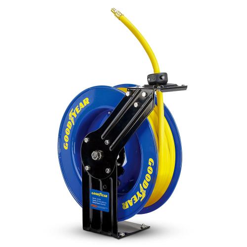 BLUE ANS YELLOW GOODYEAR Air Hose Reel Retractable 3/8 Inch x 50' Feet Long Premium Commercial SBR Hose Max 300 Psi Reinforced Steel Construction Heavy Duty Spring Driven Industrial Dual Arm & Pedestal