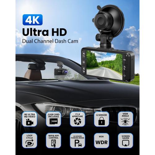 Dash Cam Front and Rear 4K/1080P, Dash Camera for Cars Build in WiFi, Full HD Dash Cam with APP Control, 3.94'' IPS Screen Dash Camera with 32GB SD Card, G-Sensor, 24Hr Parking Mote, Loop Recording