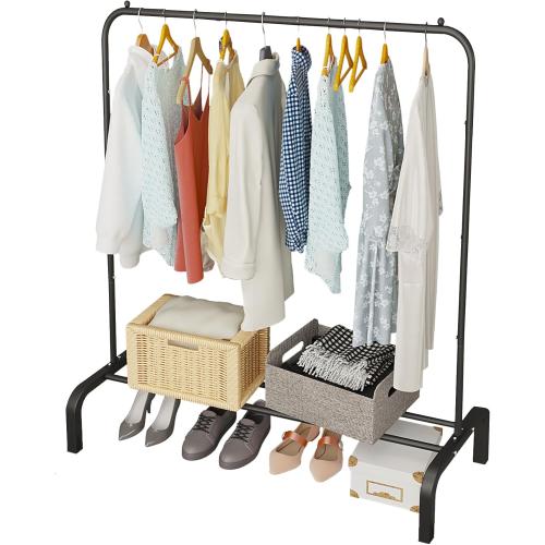 JIUYOTREE Metal Clothing Rack, 43.3 Inches Garment Rack with Bottom Shelf for Hanging Clothes, Coats, Skirts, Shirts, Sweaters, Black