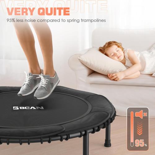 BCAN Adult Mini Trampoline, 48 Fitness Trampoline with Bungees, U Shape Adjustable Foam Handle, Stable & Quiet, Indoor Outdoor Workout-Black