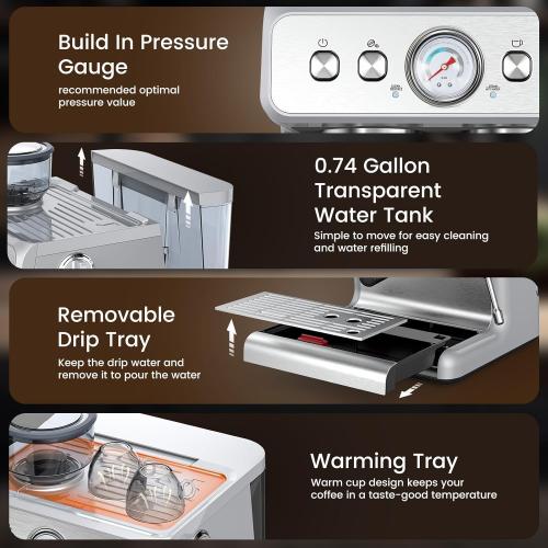 Espresso Machine with Grinder, Stainless Steel 20 Bar Semi-Automatic Expresso Coffee Machines, Featuring a Milk Frother, Steam Wand, Removable Water Tank for Latte, Macchiato, Cappuccino