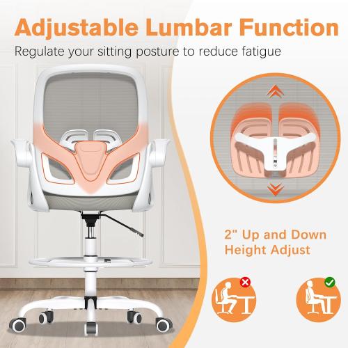 WHITE Tall Drafting Chair with Lumbar Support and Footrest Ring, Supportive Tall Extended Height Ergonomic Desk Chair for Home Work, Breathable Mesh Office Chair with Flip up Arms(Gray)