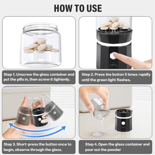 Portable Cordless Electric Pill Crusher, Pill Crusher Grinder Fine Powder, Grind and Pulverize Multiple Pills & Vitamins Extremely Fine for Elderly, Suitable for Travel, Home, Workplace (Black)