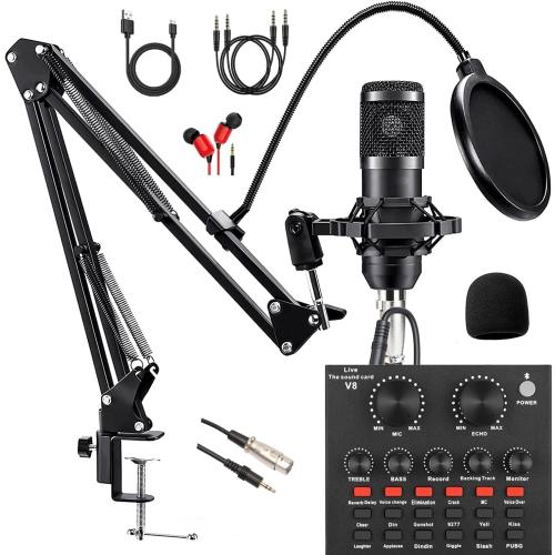 Podcast Equipment Bundle, with BM800 Podcast Microphone and V8 Sound Card, Voice Changer - Audio Interface -Perfect for Recording, Singing, Streaming and Gaming (V8-Black)