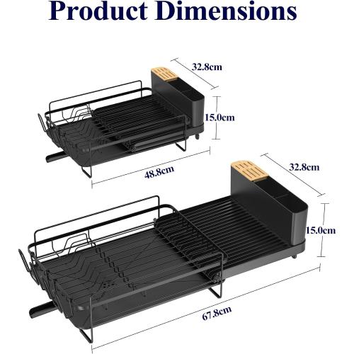 Kitsure Large Dish Drying Rack - Extendable Dish Rack, Multifunctional Dish Rack for Kitchen Counter, Anti-Rust Dish Drainers with Cutlery & Cup Holders 19.2-26.7 L x 12.9 W, Black