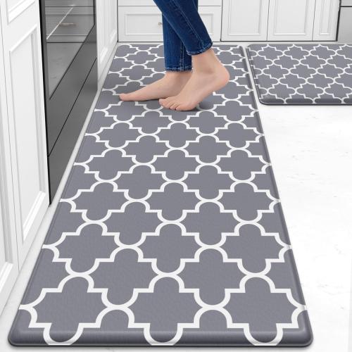 KMAT Kitchen Mat [2 PCS] Cushioned Anti-Fatigue Kitchen Rug, Waterproof Non-Slip Kitchen Mats and Rugs Heavy Duty PVC Ergonomic Comfort Foam Rug for Kitchen, Floor Home, Office, Sink, Laundry,Grey