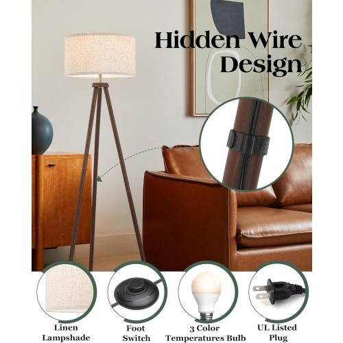 ELYONA Wood Tripod Floor Lamp Brushed Brass Metal & 3 Color Temperatures LED Bulb Vintage Wooded Standing Lamp Industrial Tall Light for Living Room Bedroom Office Beige Linen Shade Dark Brown & Gold