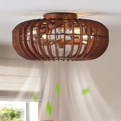 20 Wood Ceiling Fans with Lights Flush Mount, Caged Farmhouse Rustic Ceiling Fan with Light Remote Control, Wooden Low Profile for Bedroom, Living Room, Nursery