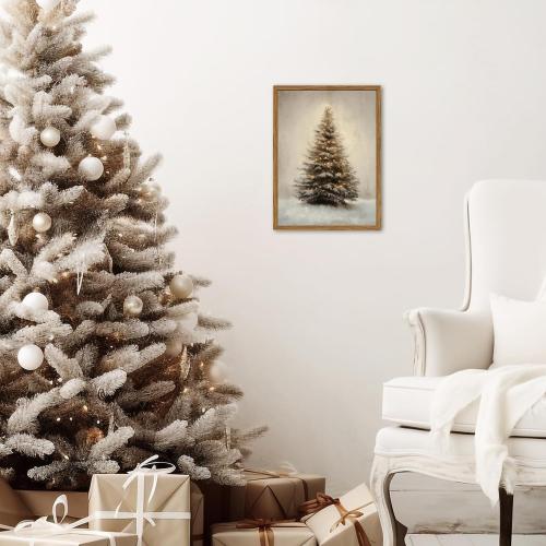 Vintage Christmas Tree Wall Art, Winter Holiday Botanical Wall Decor Paintings, Rustic Pine Tree Canvas Prints Artwork Picture for Farmhouse Mantel Bedroom Living Room  Wood Framed