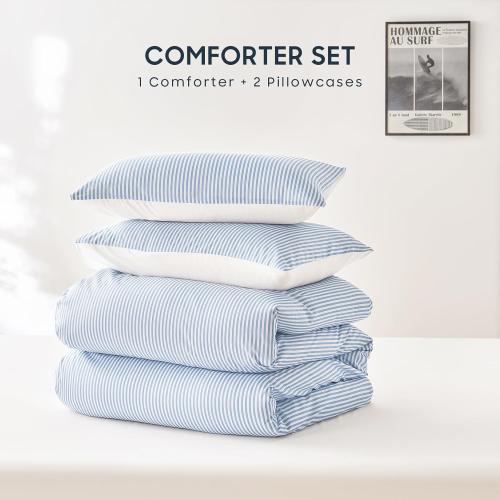 Wake In Cloud - Striped Comforter Set, Ticking Stripe Vertical Pinstripe Neutral Farmhouse Pattern Printed, Soft Lightweight Bedding, Blue White, King Size