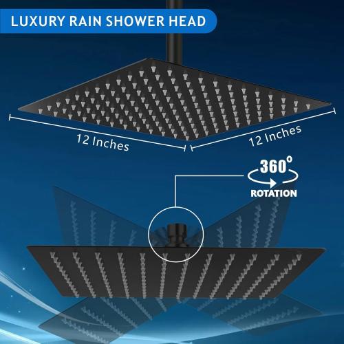 Voolan Rain Shower Head - High Flow Large Rainfall Shower Heads Made of Stainless Steel - Waterfall Bathroom Square Showerhead - Ceiling or Wall Mount (12 Black)