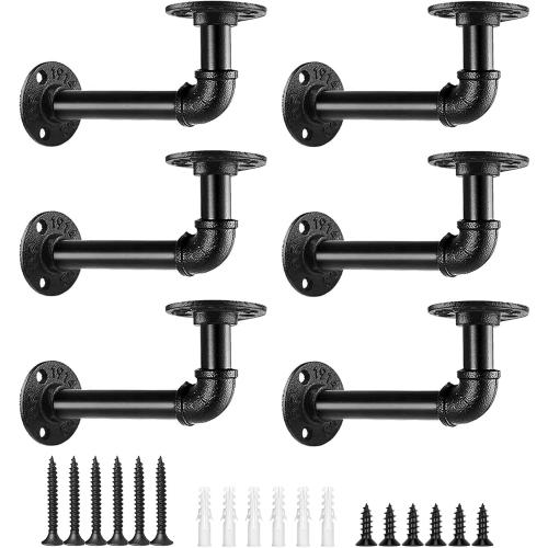6 Pack Industrial Pipe Shelf Brackets, Black Iron for Floating Shelves Heavy-Duty Wall Mount with Hardware