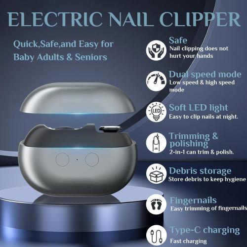 Electric Nail Clipper, Electric Nail Clippers for Seniors, 2026 3 in 1 Multifunctional Electric Nail Trimmer for Adults，Kids with Polishing and 2 Speeds (Grey)